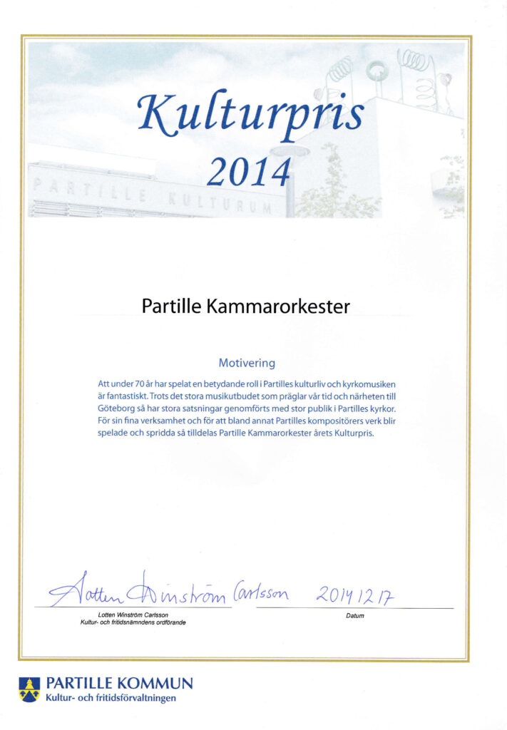 Diplom för Partille Kammarorkesters tilldelning av årets kulturpris 2014